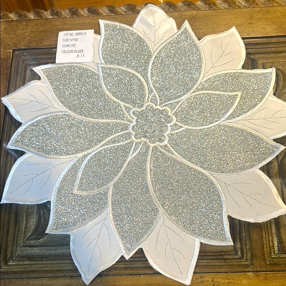 NWT Lavish Home Silver Sparkle Poinsettia Place Mat